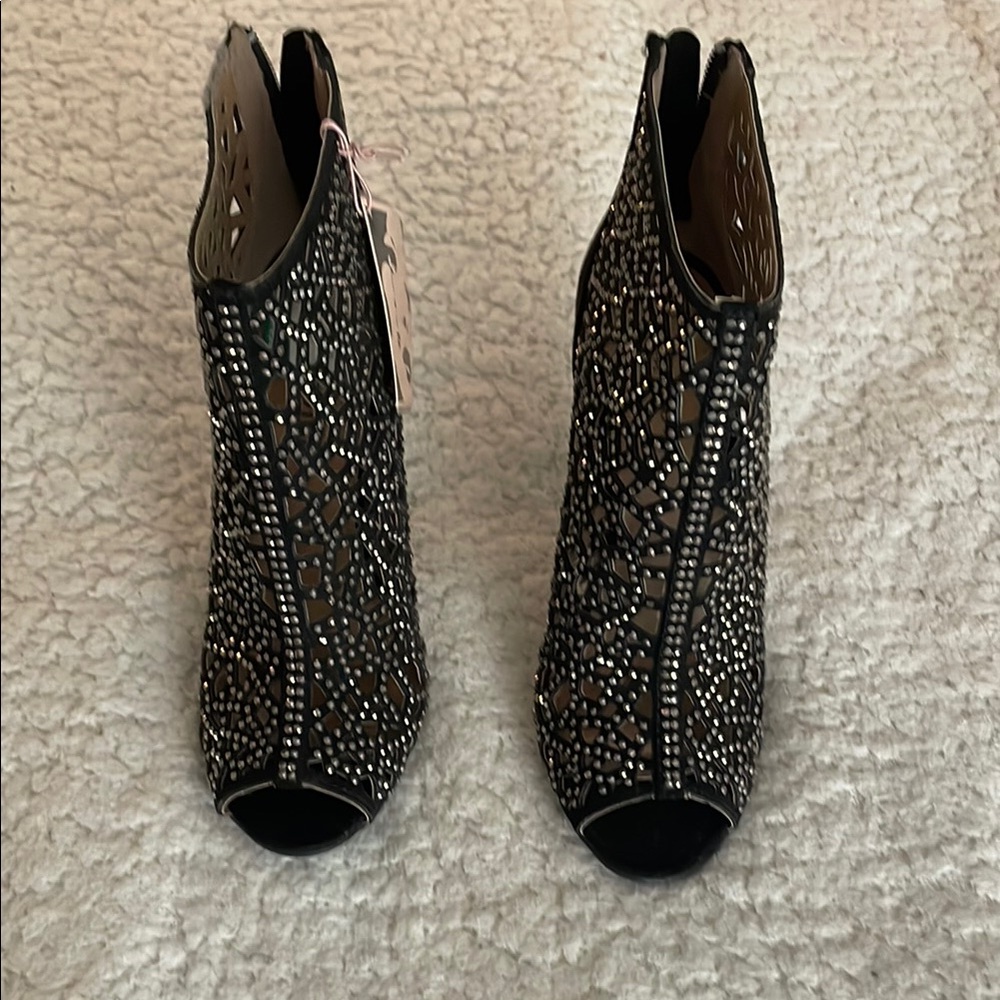 Elegant Black and Rhinestone Peep-Toe Ankle Boots